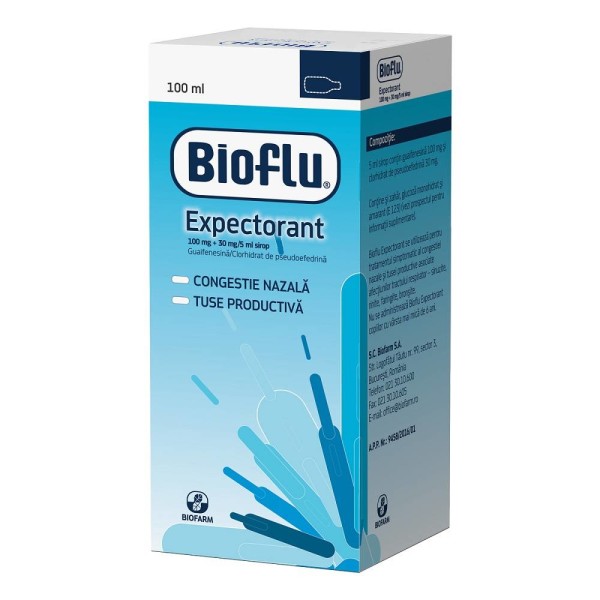 Bioflu expectorant 100 mg + 30 mg/5 ml sirop, 100 ml, Biofarm