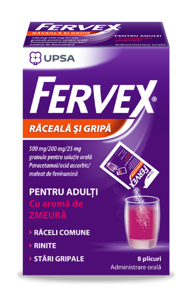 Fervex Raceala si Gripa cu aroma de zmeura, 500mg/200mg/25mg, granule pentru soluţie orală,  8 plicuri, Upsa