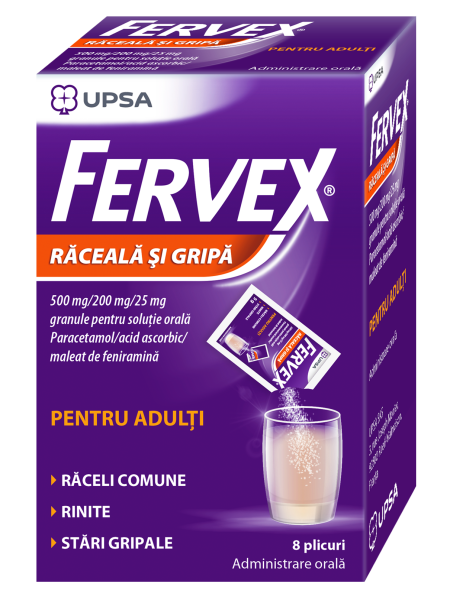 Fervex Raceala si Gripa pentru adulti, 500mg/200mg/25mg, granule pentru soluţie orală, 8 plicuri, Upsa