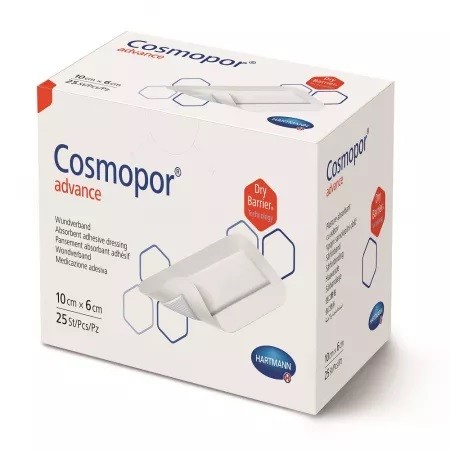 Pansament steril cu corp absorbant si marfini autoadezive Cosmopor Advance (901011), 10x6 cm, 25 bucati, Hartmann