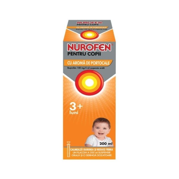 Nurofen pentru copii 3+ luni aromă de portocale, 200 ml, Reckitt Benckiser