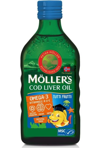 Omega 3 ulei ficat de cod cu aromă de tutti-frutti pentru copii, 250 ml, Moller's
