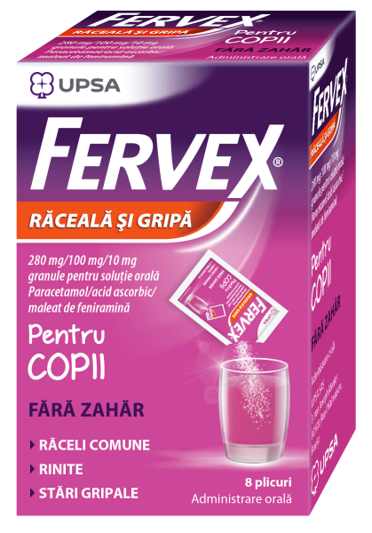 Fervex Raceala si Gripa fara zahar pentru copii, 280mg/100 mg/10 mg granule pentru soluţie orală, 8 plicuri, Upsa