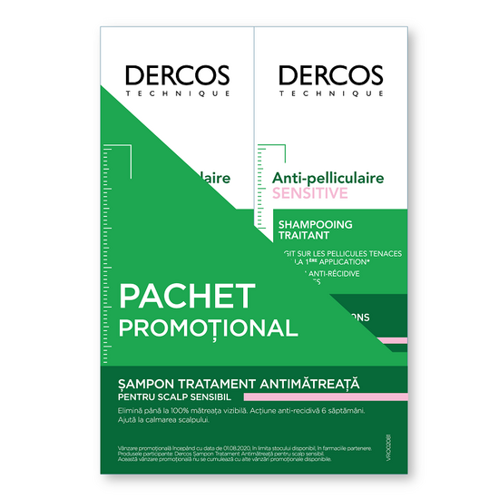 Pachet Şampon anti-mătreață pentru scalp sensibil Dercos Sensitive, 200 ml + 200 ml, Vichy