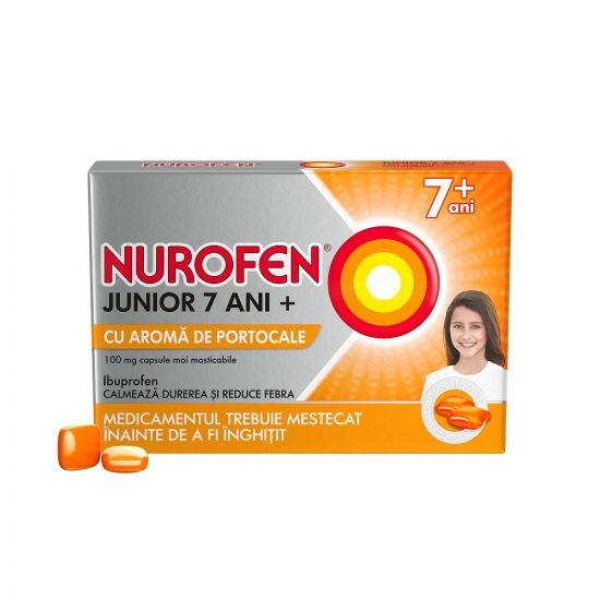 Nurofen Junior 7 ani+ cu aroma de portocale, 100 mg, 24 capsule, Reckitt Benckiser