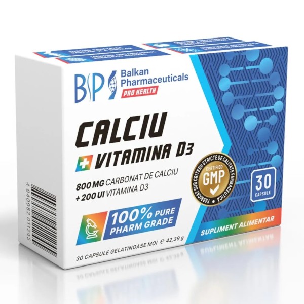 Calciu 800mg + Vitamina D3 200UI , 30 capsule, Balkan Pharmaceuticals