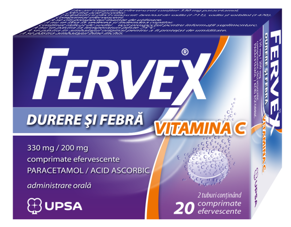 Fervex Durere si Febra Vitamina C, 330 mg/ 200 mg, 20 comprimate efervescente, Upsa