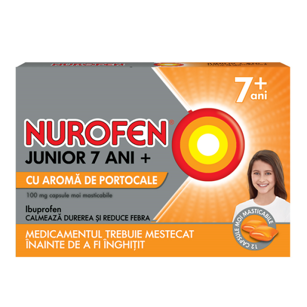 Nurofen Junior cu aroma de portocale 7+ ani, 100 mg, 12 capsule moi masticabile, Reckitt Benckiser